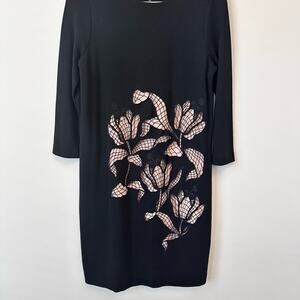 Escada Black Rib Knit Floral Cut Out Overlay Elcami Long Sleeve Dress Size 8